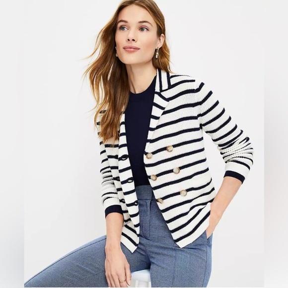 LOFT Striped Double-Breasted Ribbed Knit Sweater Jacket Size small - Picture 2 of 11